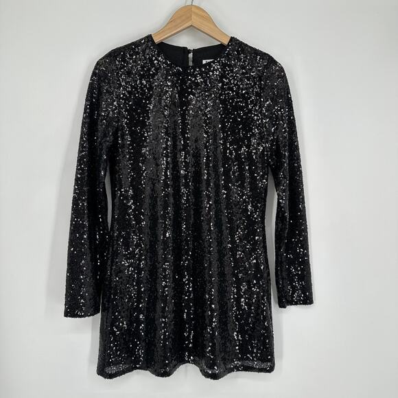 REFORMATION Odeon Sequin Mini Dress Long Sleeve Shimmer Sparkle Black - Picture 6 of 15